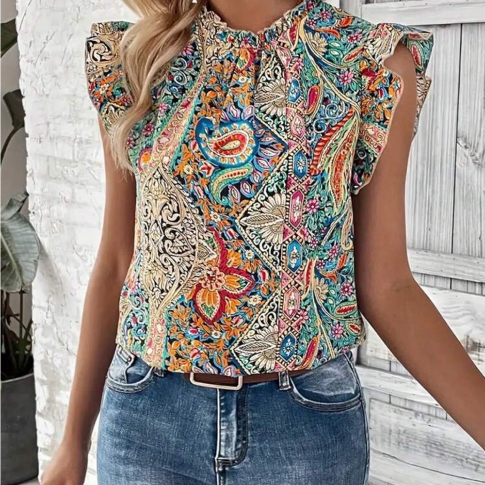 Orange and Blue Ruffled Sleeveless Blouse